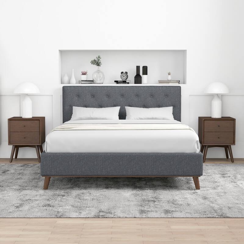 Queen Size Modern Upholstered Platform Bed with Tufted Headboard and Solid Wood Frame, Fabric Grey