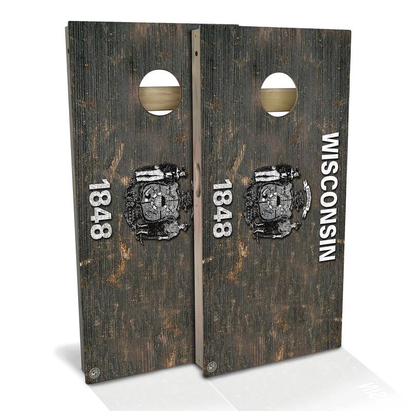 Wisconsin Flag Rustic Outdoor Cornhole Board Set - Backyard 2x4 - Include Hole Lights