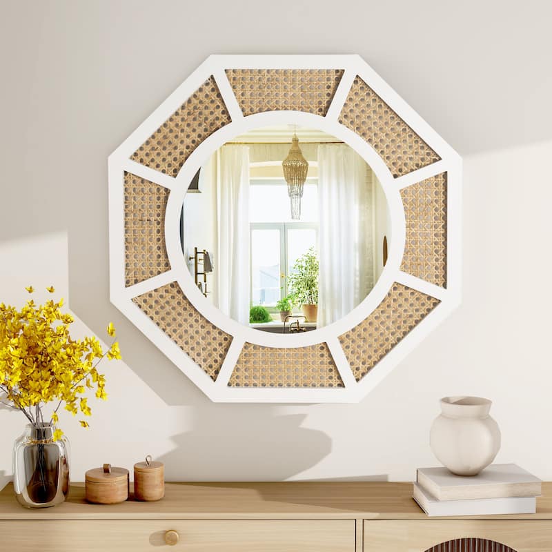 Rattan Wall Mirror Boho Mirror - 24"×24" - White
