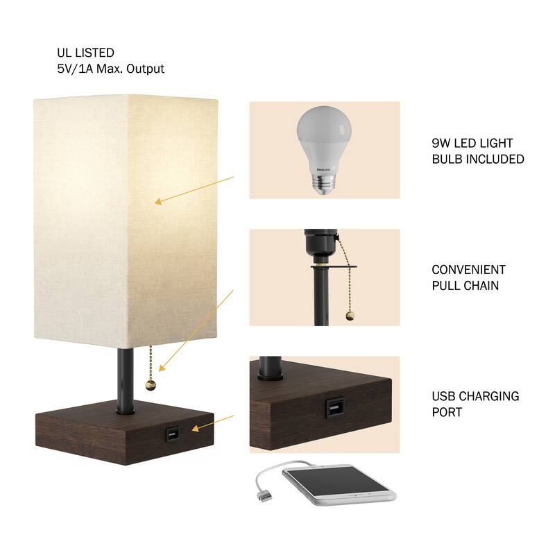 Lavish Home Rectangle Bedside Desk lamp with Charging outlet and USB
