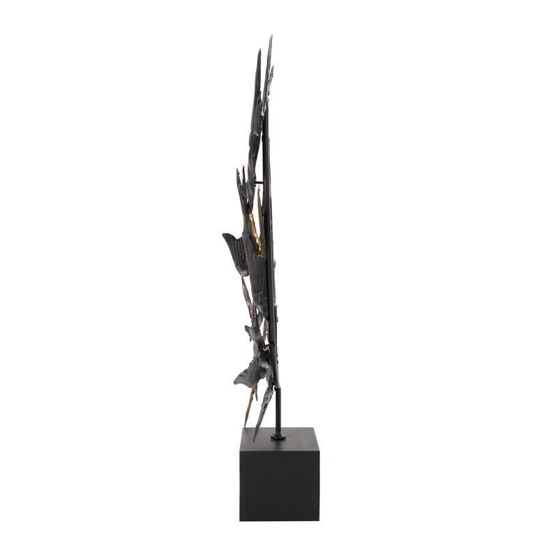 Black Metal Metallic Flying Bird Decorative Sculpture with Black Block Base
