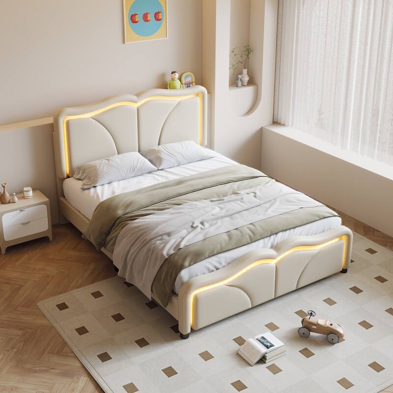 Modern Kids Twin/Full Platform Bed with Adjustable Height PU Headboard, LED Lights, and Sturdy Frame