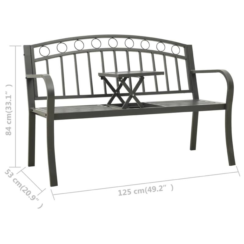 Garden Bench, Gray Powder-Coated Steel, Central Table, 49 Inch