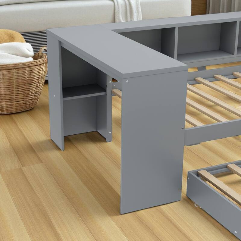 Twin/Full Size Wood Daybed with Trundle, Storage Drawers, Shelves and Built-in Desk, No Box Spring Needed