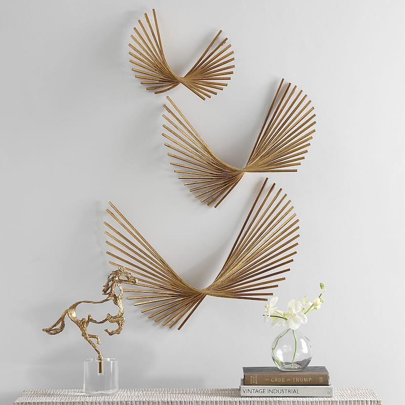 3D Geometric Iron Wall Decorations - 24" - Antique Gold Finish - Set of 3