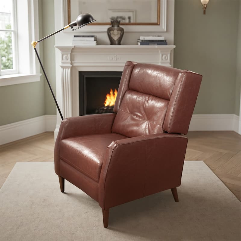 Art Leon Mid-century Modern Recliner, Lounge Chair with Wood Frame - Brown Faux Leather