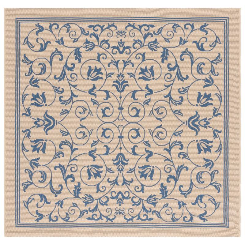 SAFAVIEH Courtyard Miljeta Indoor/ Outdoor Waterproof Patio Backyard Rug - 7'10" Square - Natural/Blue