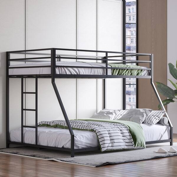 slide 2 of 13, Black Durable Twin over Full Bunk Bed with Built-in Ladder and Guardrails Black