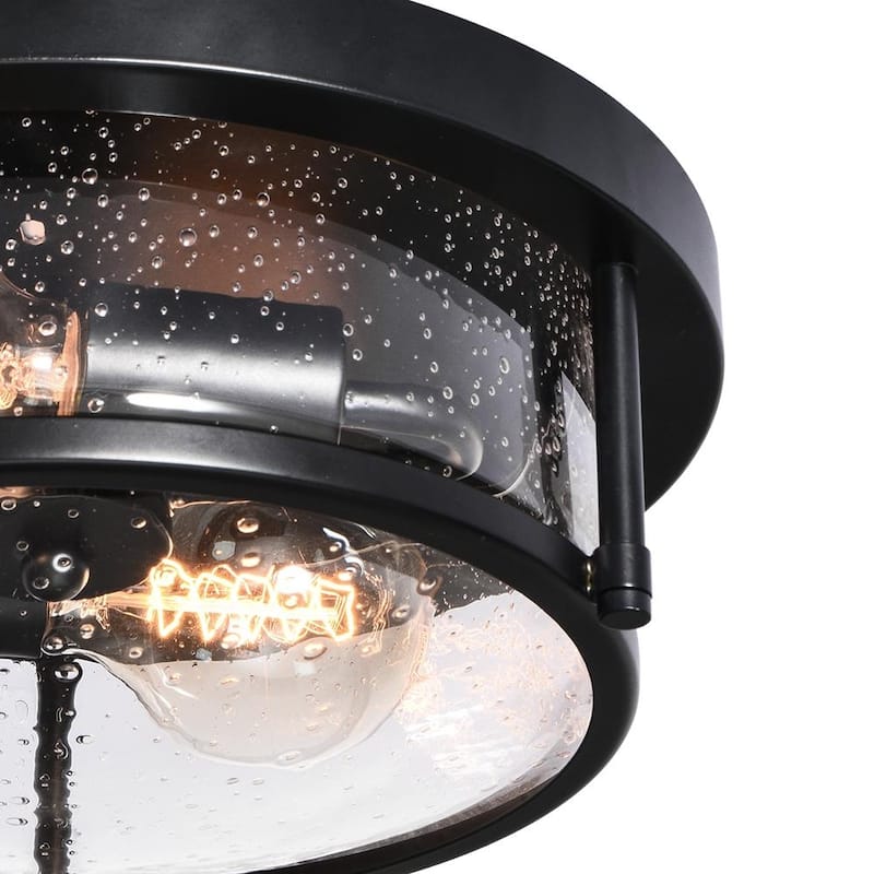 Matte Black 2-Light Seeded Glass Drum Flush Mount Ceiling Light