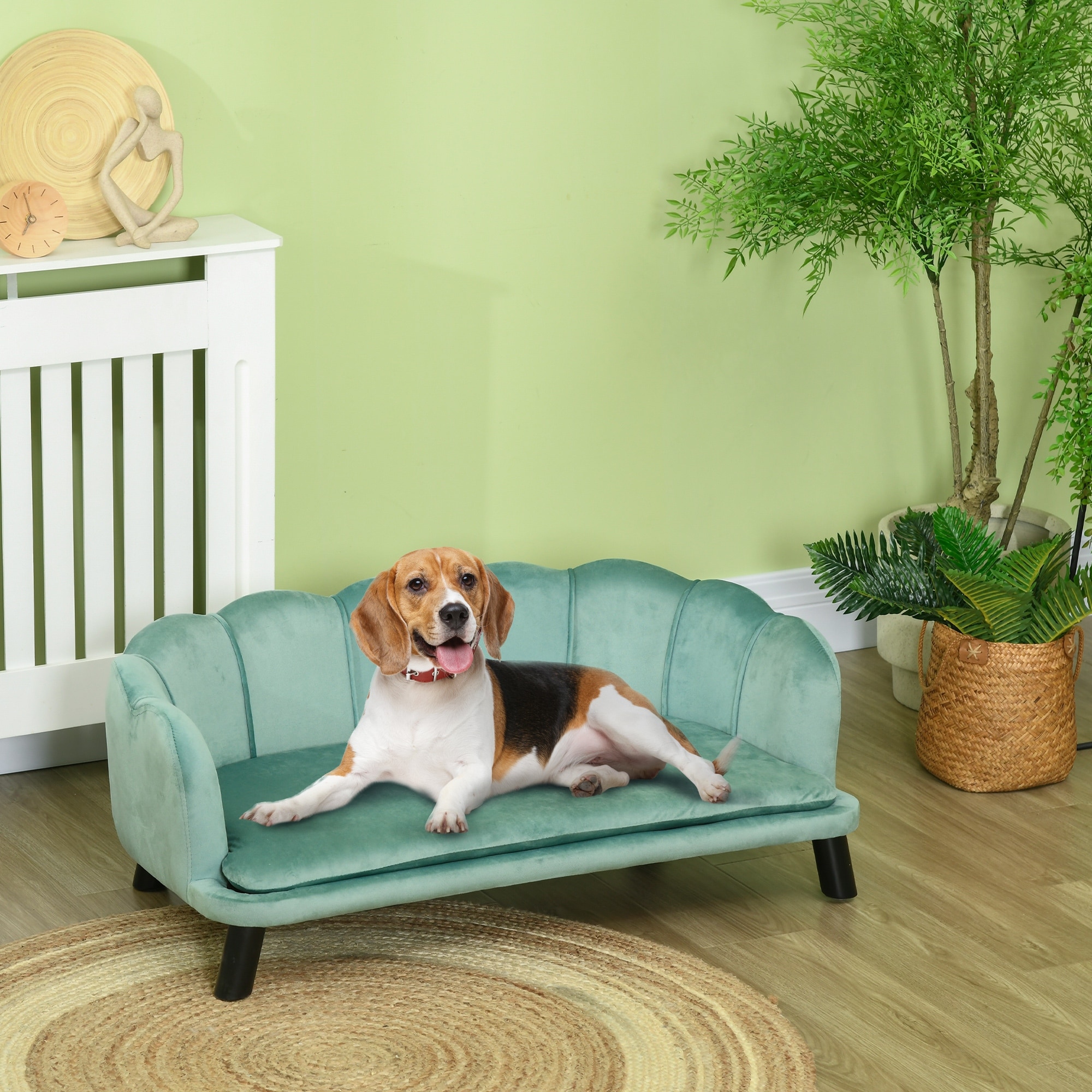 PawHut Velvet Large Dog Couch, Foam Cushion Dog Sofa Bed, Soft Pet Furniture with Pearl Design, Green