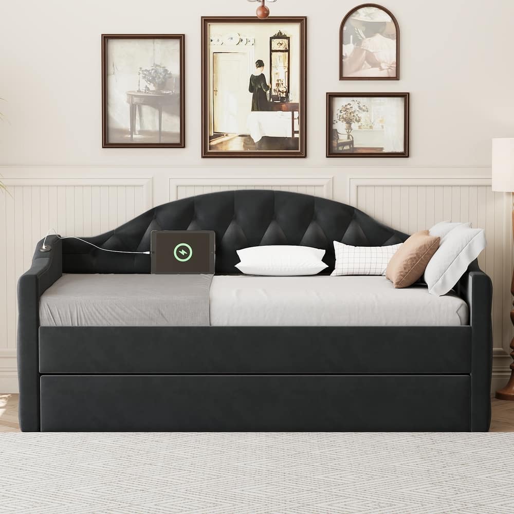 Twin Size Tufted Upholstered Daybed, Velvet Fabric Sofa Bed Frame with Trundle, Living Room Twin Daybed Frame with USB Ports