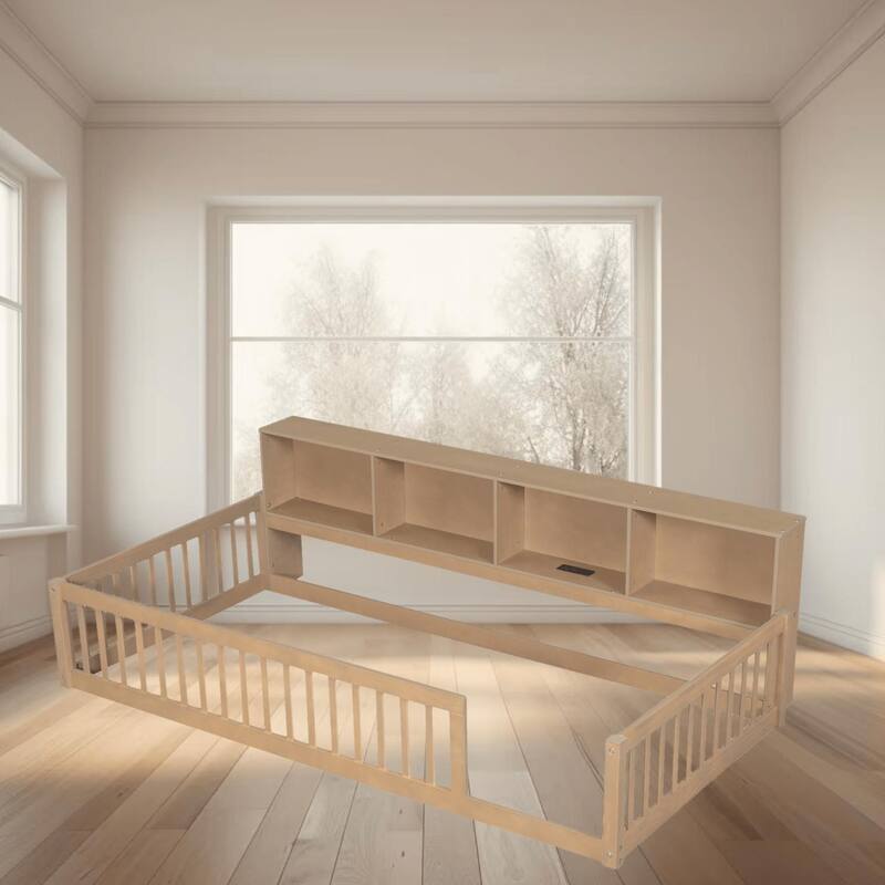Twin XL Size Floor Bed with Built-in Storage Cabinets, USB Ports, and Charging Station, Perfect for Kids and Small Rooms - Brown - Twin