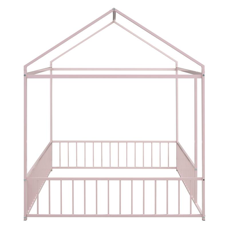 Twin/Full Size Playhouse Bed with Fence and Roof Design, Heavy Duty Metal Floor Bed Frame for Kids, Teens, Girls, Boys