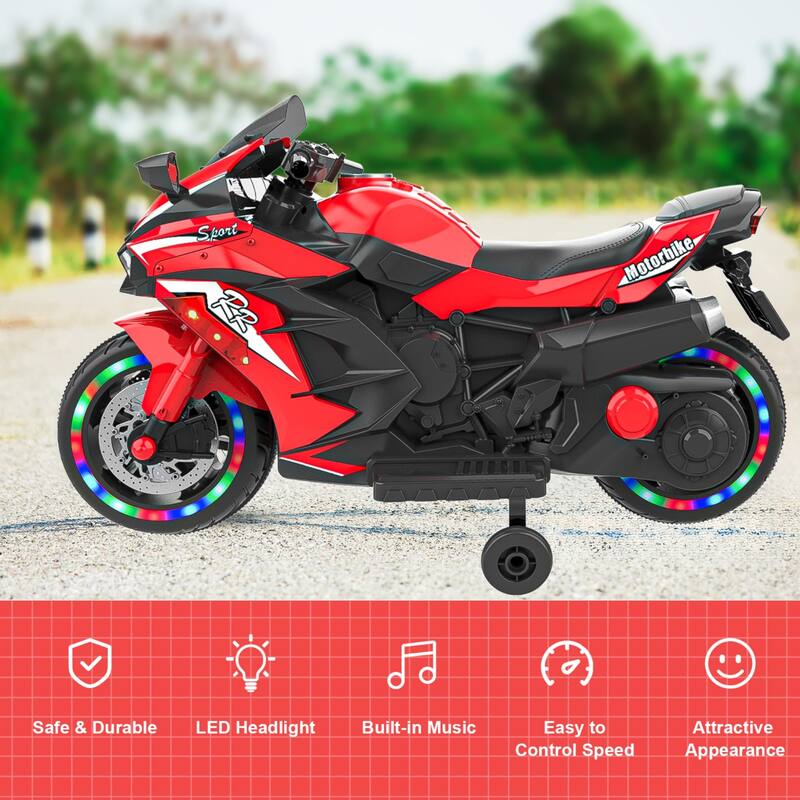 12V Kids Ride on Motorcycle, 2 Wheels Motorbike for Kids with Training Wheels,Lights,Music Red