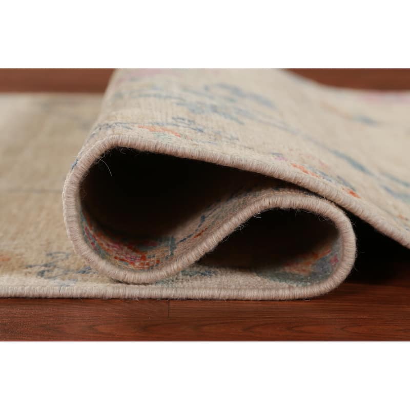 Hand Knotted Oriental 100% Wool Carpet Traditional Floral Beige & Ivories Art Deco Runner Rug - 10' 3'' X 3' 0''
