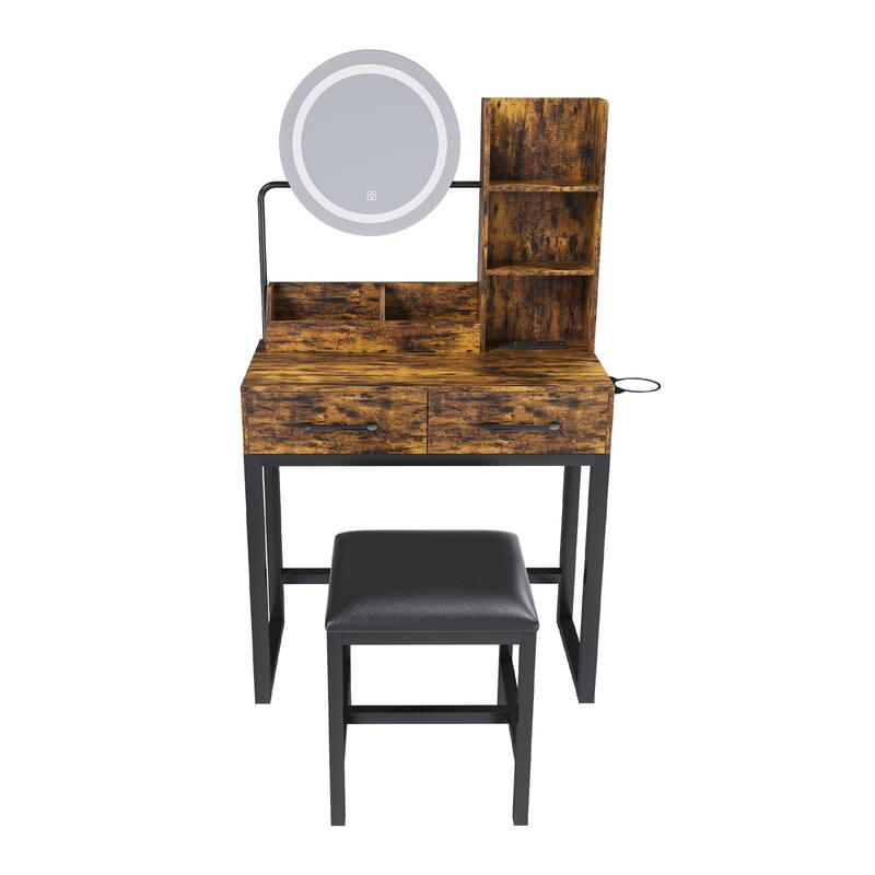 Vanity Desk with LED Mirror & Stool, Makeup Vanity Table with Power Outlet, Drawer & Open Shelves, Small Dressing Table Set