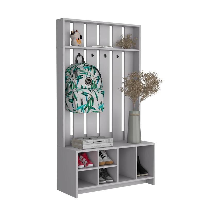 Compact Hall Tree with Bench, Coat Rack, Cubbies & Top Shelf - Ideal for Entryways and Mudrooms