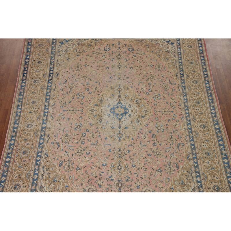 Vegetable Dye Distressed Mashad Persian Rug Antique Handmade Wool Carpet - 7'10" x 10'9"