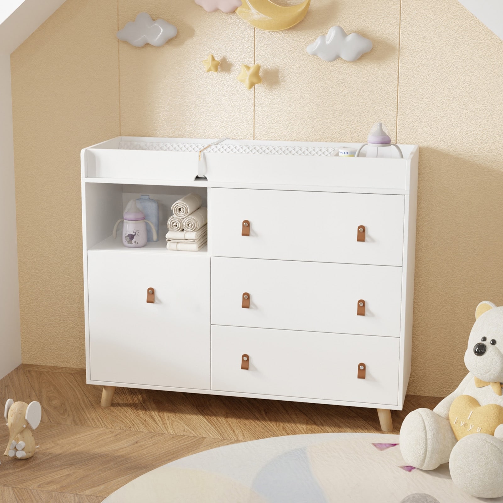 Baby Changing Table Dresser with 4 Drawers,Shelf Hidden Trash Storage