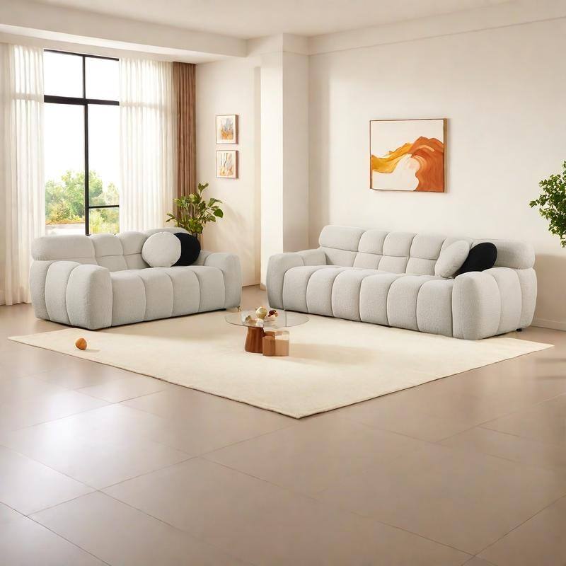 2-Pieces Boucle 5-Seat Sofa Set (3-Seater + Loveseat) with Marshmallow Cushions & Ergonomic Design