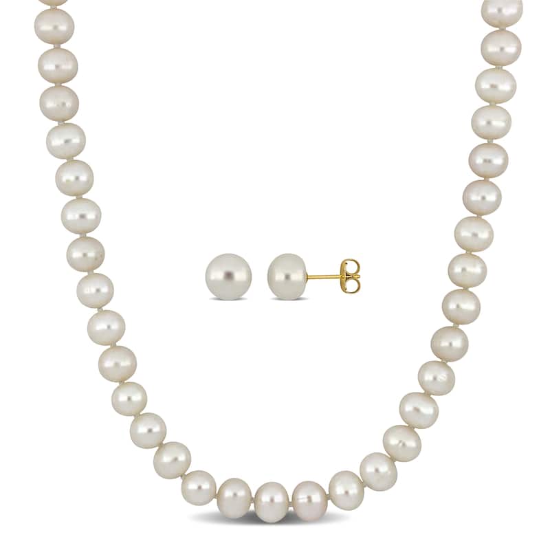 Miadora 7.5-8mm Cultured Freshwater Pearl Necklace Stud Earrings 10K Yellow Gold - 16 in