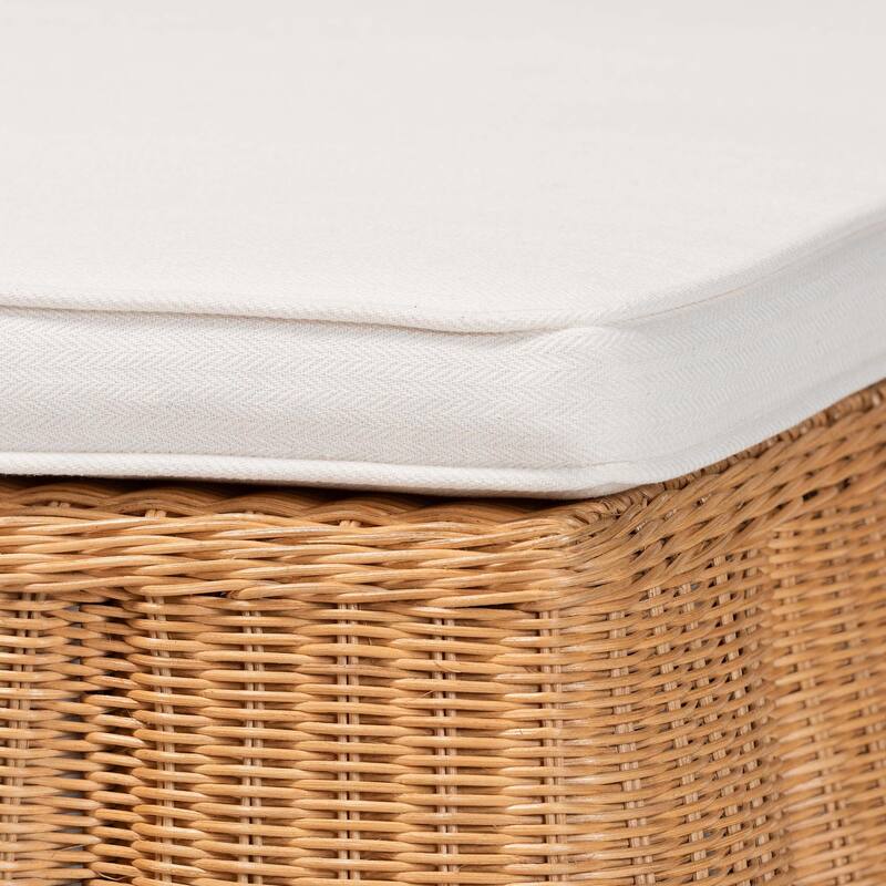Palm Scallop Natural Rattan Ottoman with Cushion – Handwoven Wicker Accent Bench or Footrest for Living Room or Sunroom, Square