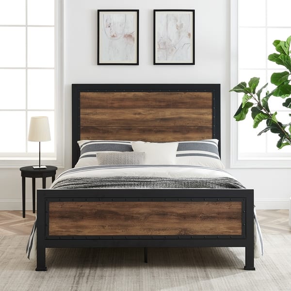 slide 2 of 15, Middlebrook Santos Rustic Metal Queen Panel Bed Rustic Oak