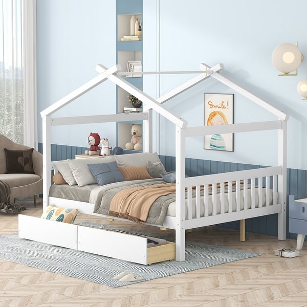 slide 2 of 11, Full Size White Bed House Platform Bed Frames with 2 Drawers, Headboard and Footboard, No Box Spring Needed/Easy Assembly White - Full