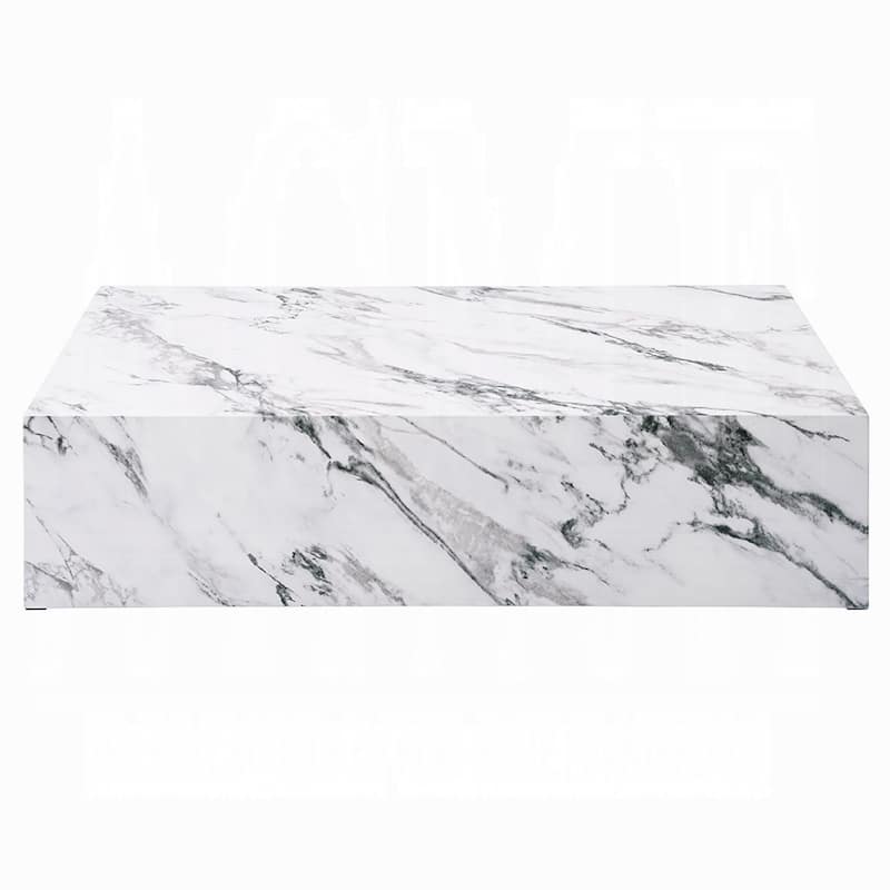 Ritzy Coffee Table, Modern Plinth, White Gray Faux Stone, 48 Inch