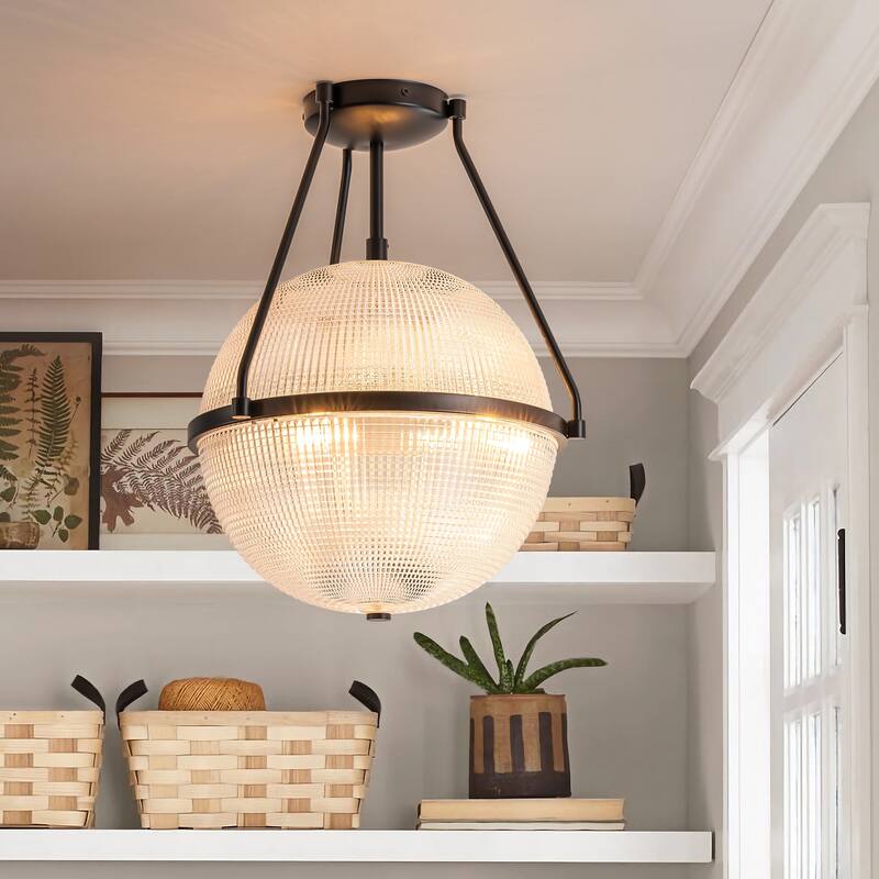 3-Light Mid-Century Modern Grid Textured Glass Globe Bubble Semi-Flush Mount Light for Dining Room - 13.7 in. W x 17.1 in. H