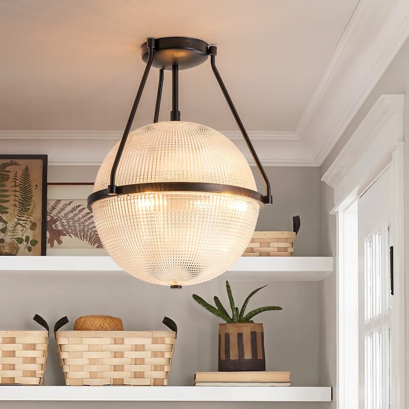 3-Light Mid-Century Textured Glass Globe Bubble Sphere Semi-Flush Mount Ceiling Light For Kitchen Island