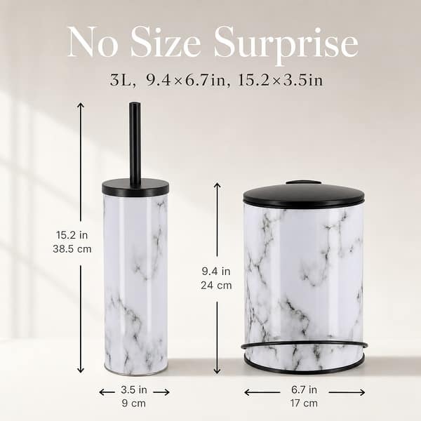 Carrara Noir 2 Piece Bathroom Set, Trash Can 3 Liter and Slim Toilet Brush Holder, Black and White Marble, Matte Accents
