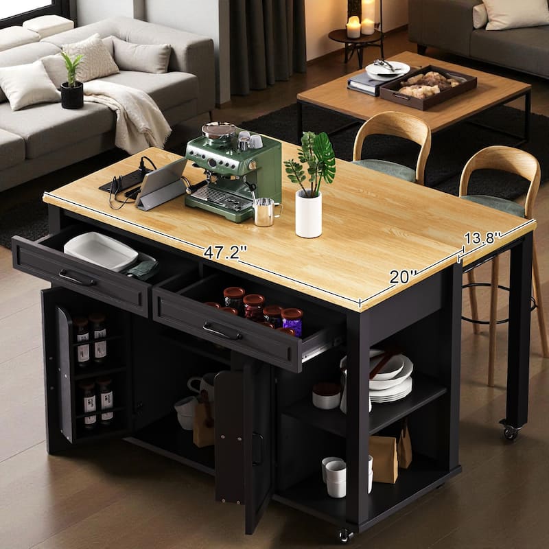 47" Kitchen Island with Extendable Table, Power Outlet, Rubber Wood Top, Storage Cabinet & Drawers