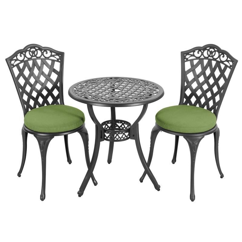 Patio 3-Piece Cast Aluminum Bistro Set with Cushions, Umbrella Hole