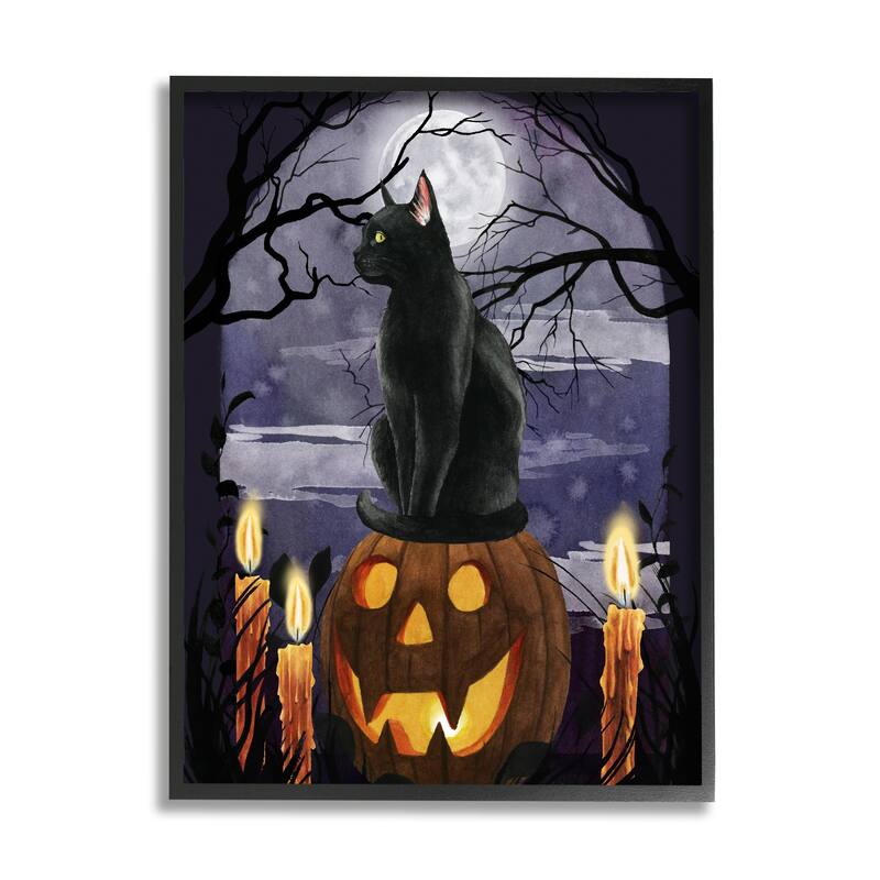Stupell Full Moon Halloween Night Spooky Black Cat Jack-o'-lantern Framed Wall Art - Orange - 11 x 14 - Black