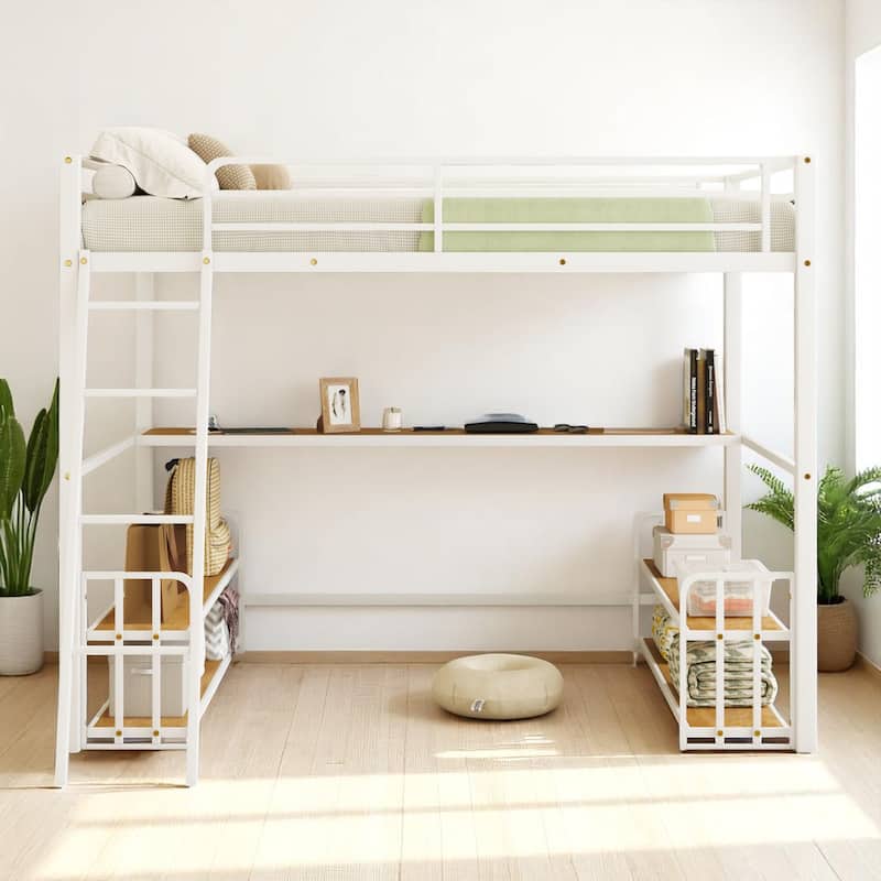 Space-Saving Loft Bed with Desk, Storage Shelves, and Charging Station - Twin/Full Size