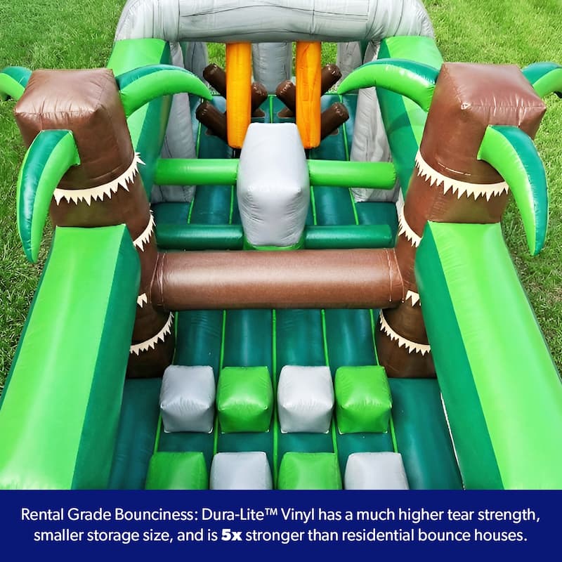 HeroKiddo T-Rex Adventure 42' Inflatable Obstacle Course with Water Slide - Commercial Grade, Wet & Dry Play (Blowers Included) - Kids - Green - 42' L x 8' W x 12' H