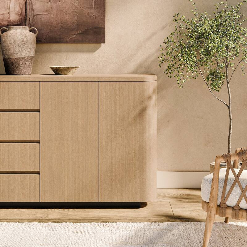 Light Oak Sideboard Buffet Cabinet with 4 Drawers & 2 Doors, Push-to-Open System, Waterproof Surface & Anti-Tip Kit Dresser