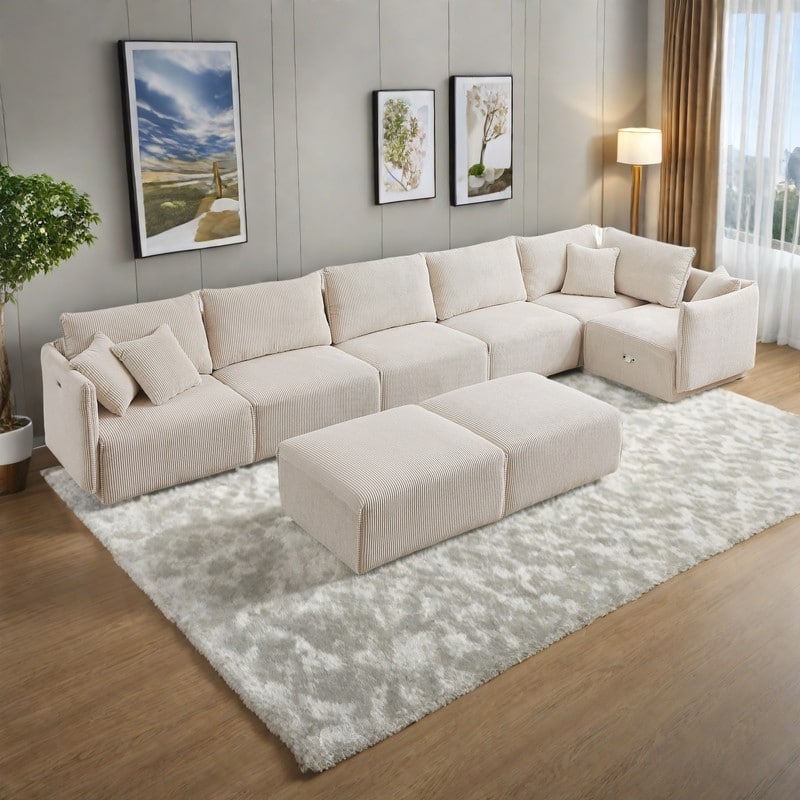 106.3" Corduroy Modular Sectional Sofas with USB-C Charging and 4 Comfort Cushions (Set of 2) - Beige