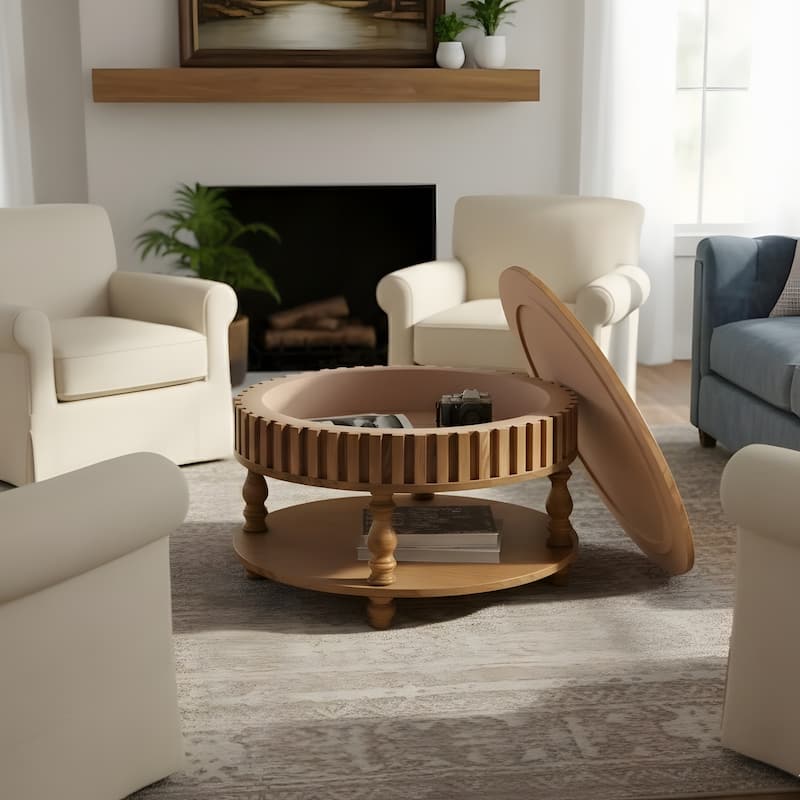 Farmhouse Fluted Coffee Table with Storage and Flip-Top Lids - Walnut Brown