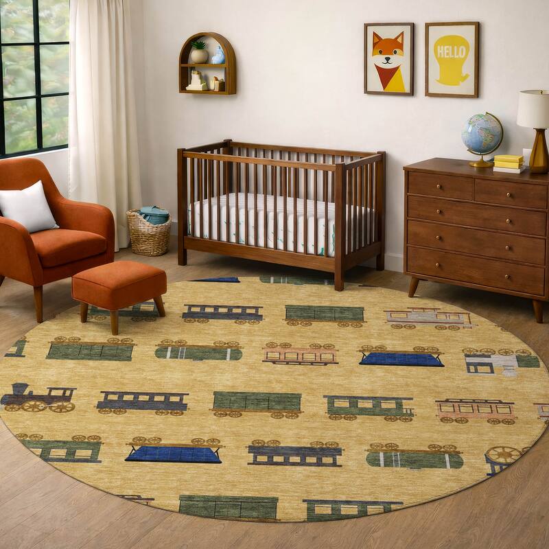 Machine Washable Indoor/ Outdoor Modern Train Chantille Rug