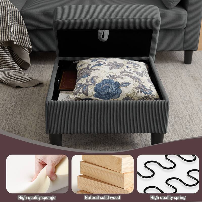 101"Corduroy 3 Piece Living Room Set Including 4 Seater Sofa ,2 Storage Ottoman and Chair