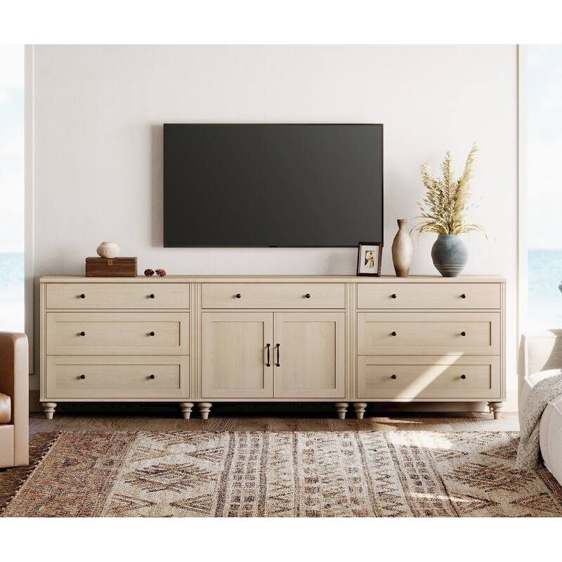 Farmhouse TV Stand with Doors and Drawer﻿ - 7 Drawers and 2 Doors - Beige