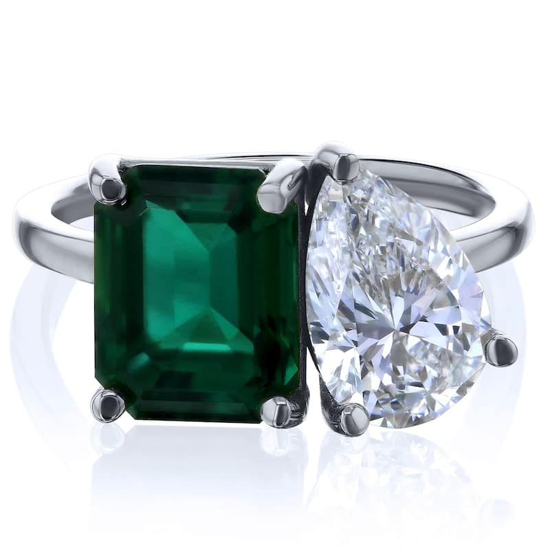 Kobelli Deep Green Emerald & White Lab Grown Diamond Certified 14k Solid Gold 2 Stone Toi et Moi Empress Ring (EF/VS) - 6 - White