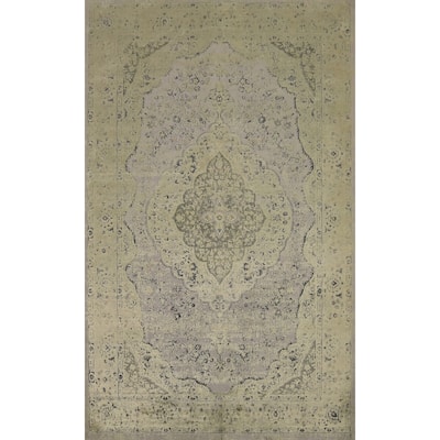 Machine Made Oriental Polyester Carpet Traditional Floral Green Tabriz Area Rug - 7' 5'' X 5' 2''