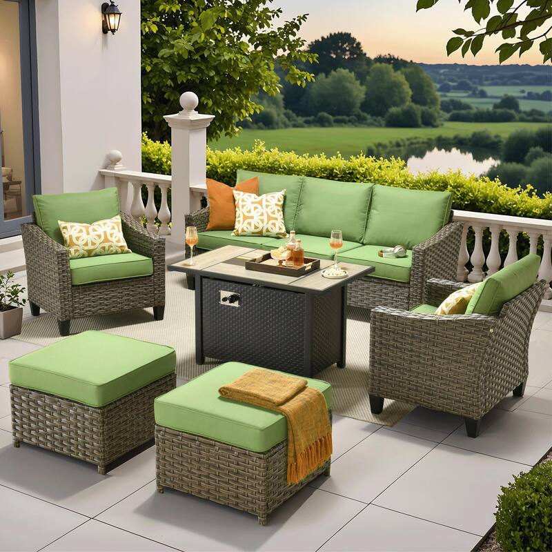 ​​OVIOS 6-Piece Outdoor Wicker Set with Fire Pit Table​ - Green