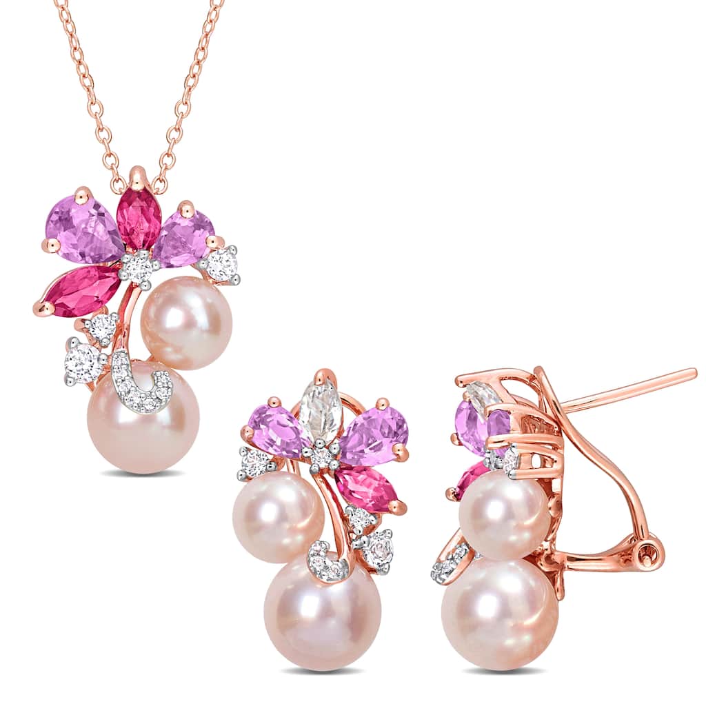 Miadora Pink Cultured Freshwater Pearl 4 3/4ct TGW Pink White Topaz Jewelry Set Rose Silver