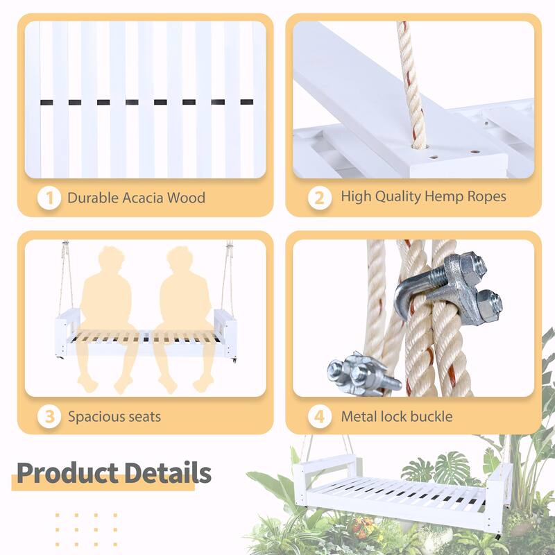 Twin Size Porch Swing Bed Seating Group, Patio Acacia Wood Swing Frame with Hemp Rope