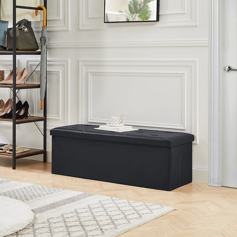 VECELO Folding Storage Ottoman, Bedroom Storage Bench, Versatile Footrest Footstool Tufted Faux Leather Chest for Living Room