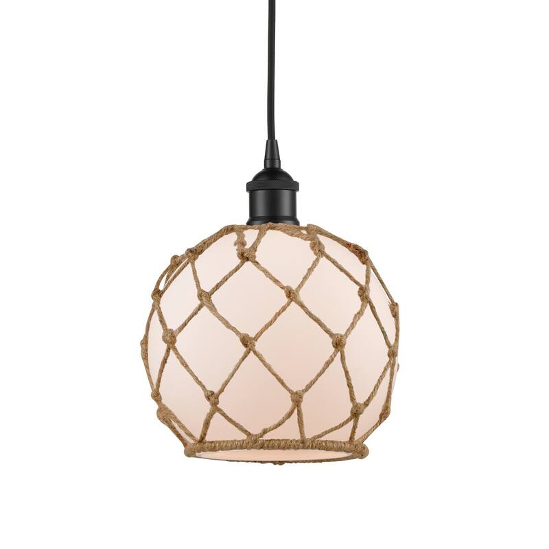 Innovations Lighting 616-1P-11-8 Farmhouse Pendant Farmhouse 8" Wide - Matte Black / White Glass / Brown Rope